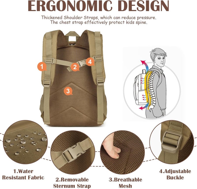 SunForMorning Kids Tactical Backpack Army Molle Bookbag Military Boys Backpack for School, Outdoor, Camping, Brown - Image 5